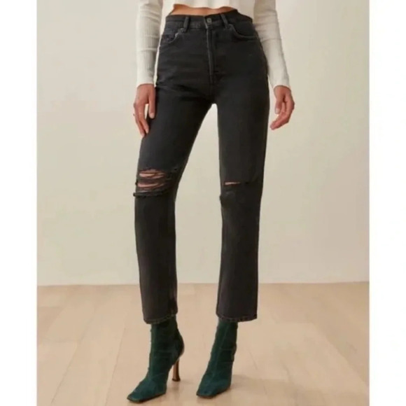 REFORMATION Cynthia High Rise Straight Jeans Lagoon Destroyed Black Denim - Picture 1 of 13